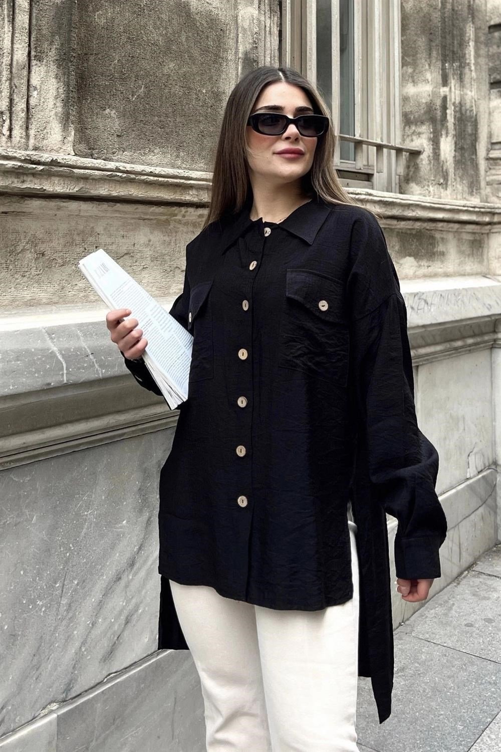 Kadın siyah Balon Kol, Pileli, Yırtmaçlı, Oversize, Keten Tunik Gömlek