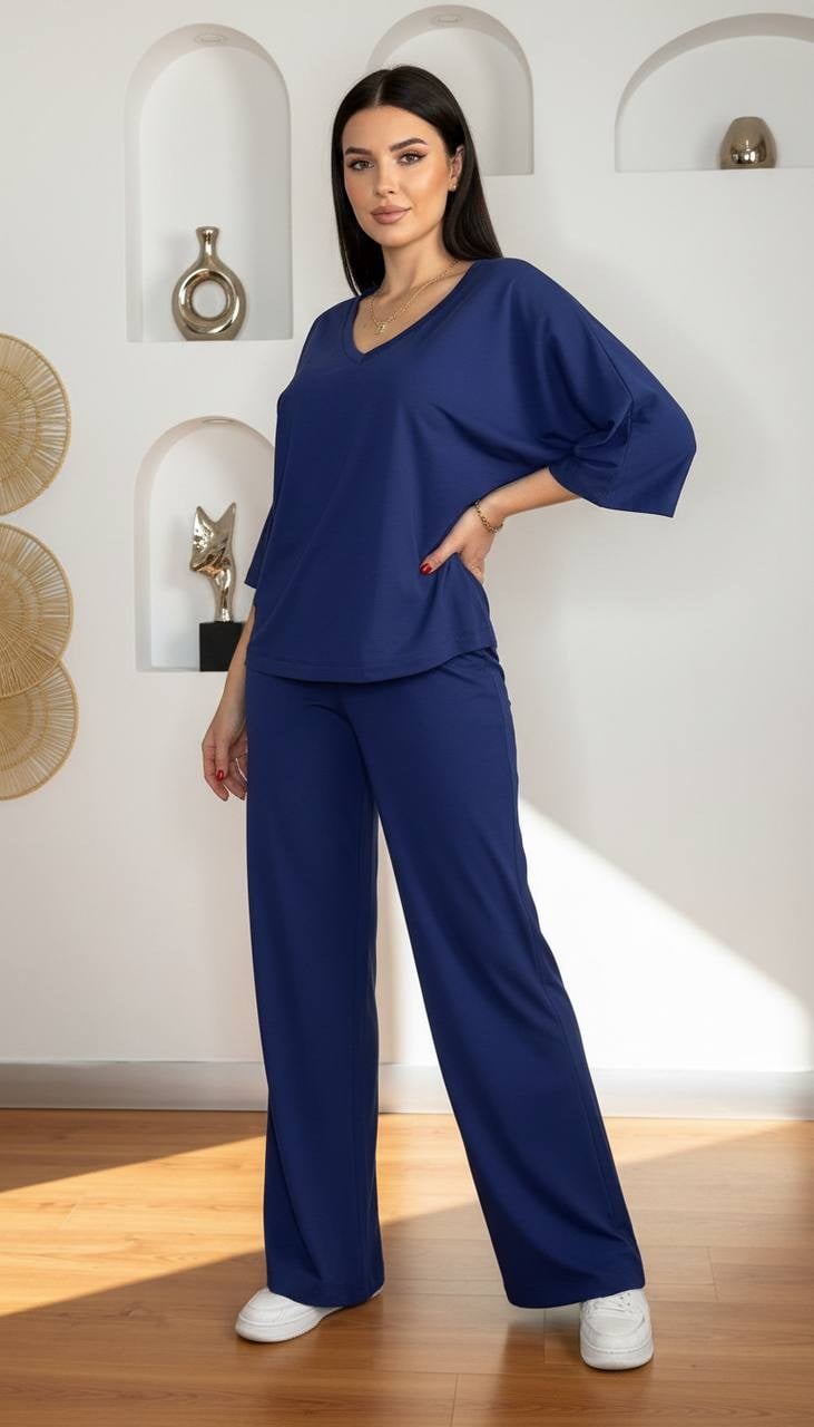 Lacivert Bol Kesim V Yaka Yarım Kollu Pijama Takımı