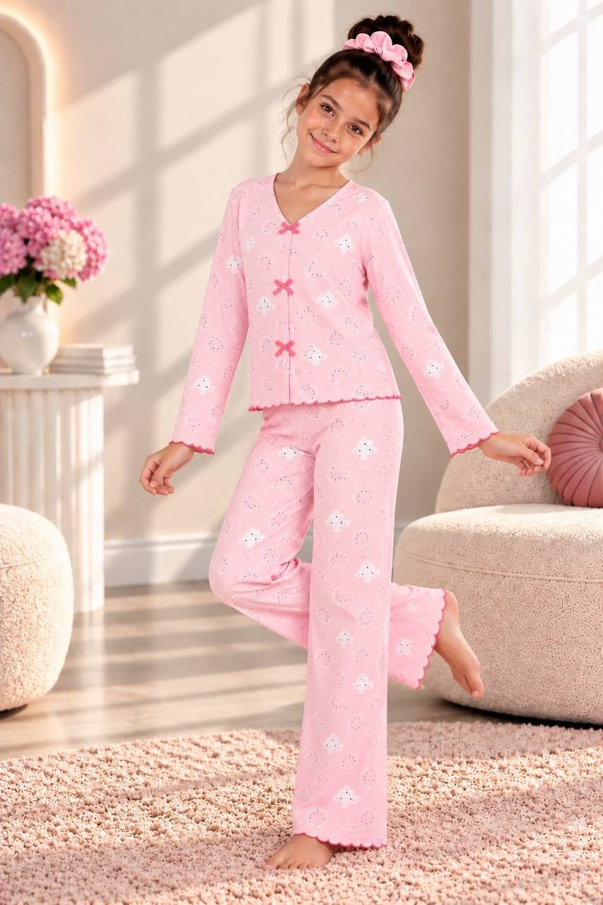 PEMBE ÖNÜ KURDELELİ ÇOCUK PİJAMA TAKIMI
