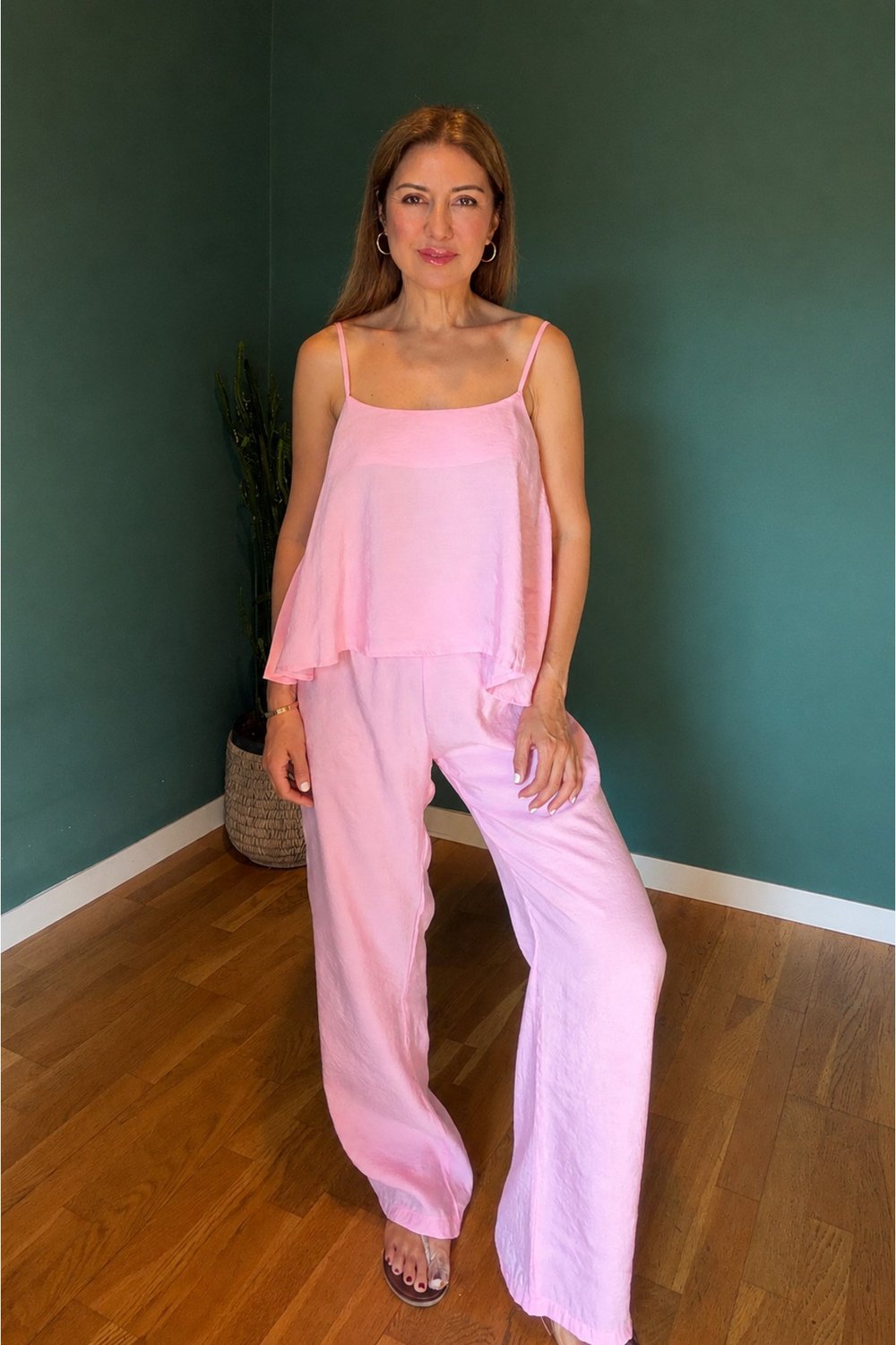 Cupro kumaş dökümlü uçuk pembe bluz pantolon takım