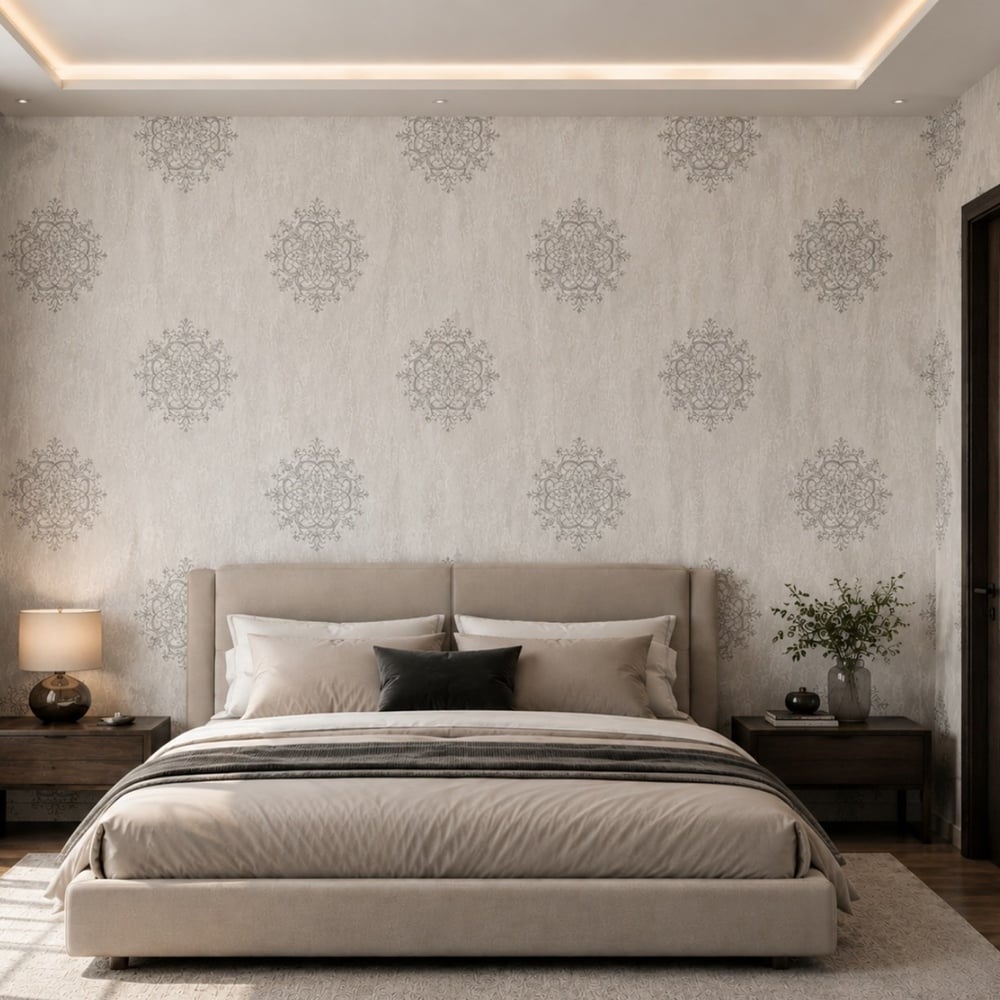 Vizon Gri Motifli Dokulu Salon Duvar Kağıdı