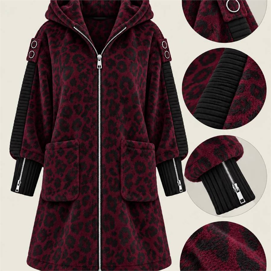 Fermuarlı Angora Kaban Bordo Leopar