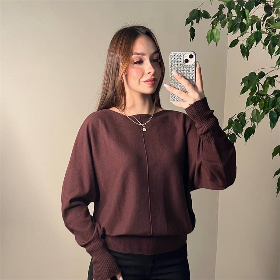 Geniş Yaka Triko Kahve