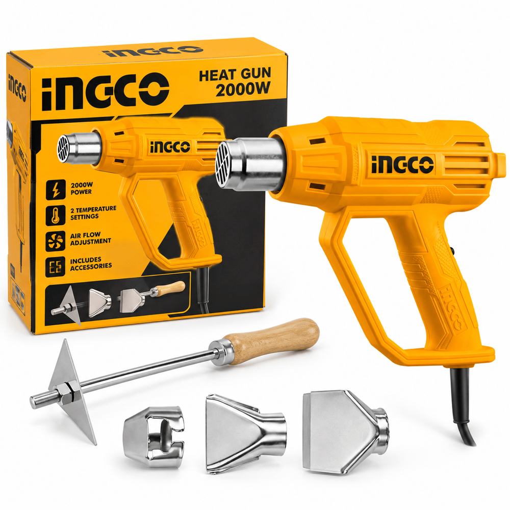 INGCO 2000W Profesyonel Isı Tabancası Sıcak Hava Tabancası Nozul ve Kazıyıcı Aparatlı