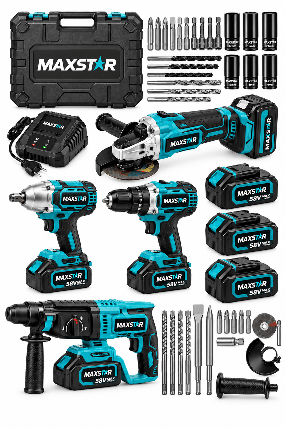 MAX'PLUS 58VF MAX 4'lü Profesyonel Akülü El Aletleri Seti – Kırıcı Delici Hilti, Darbeli Matkap, Somun Sıkma ve Spiral Taşlama