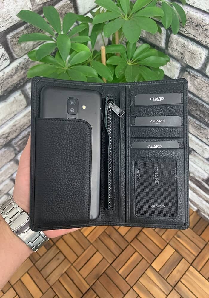 Guard Chelsea Siyah Mat Telefon Bölmeli Deri El Portföy