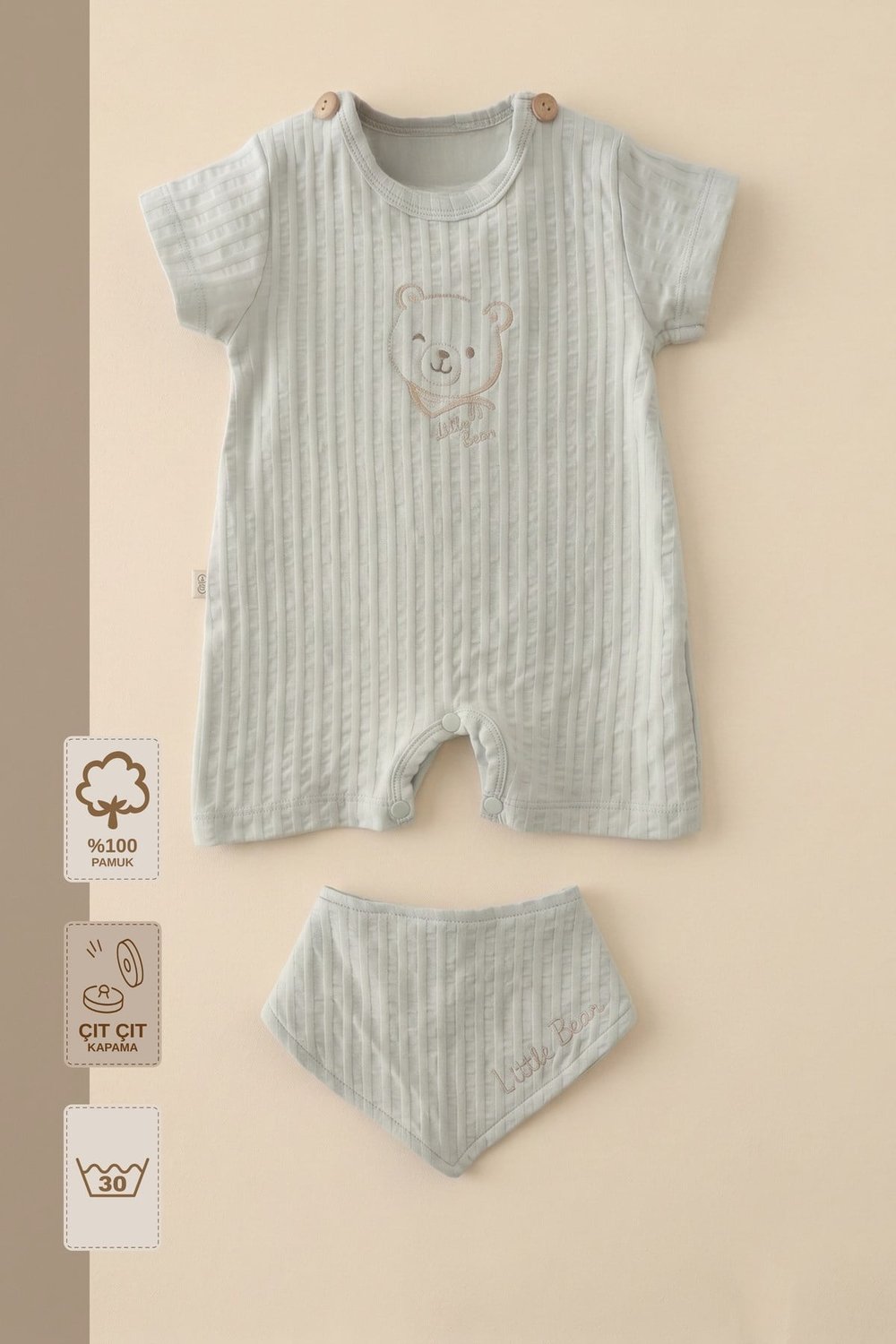 - %100 Pamuk Müslin Bebek Tulum Seti | Ayı Nakışlı | Fular Önlüklü