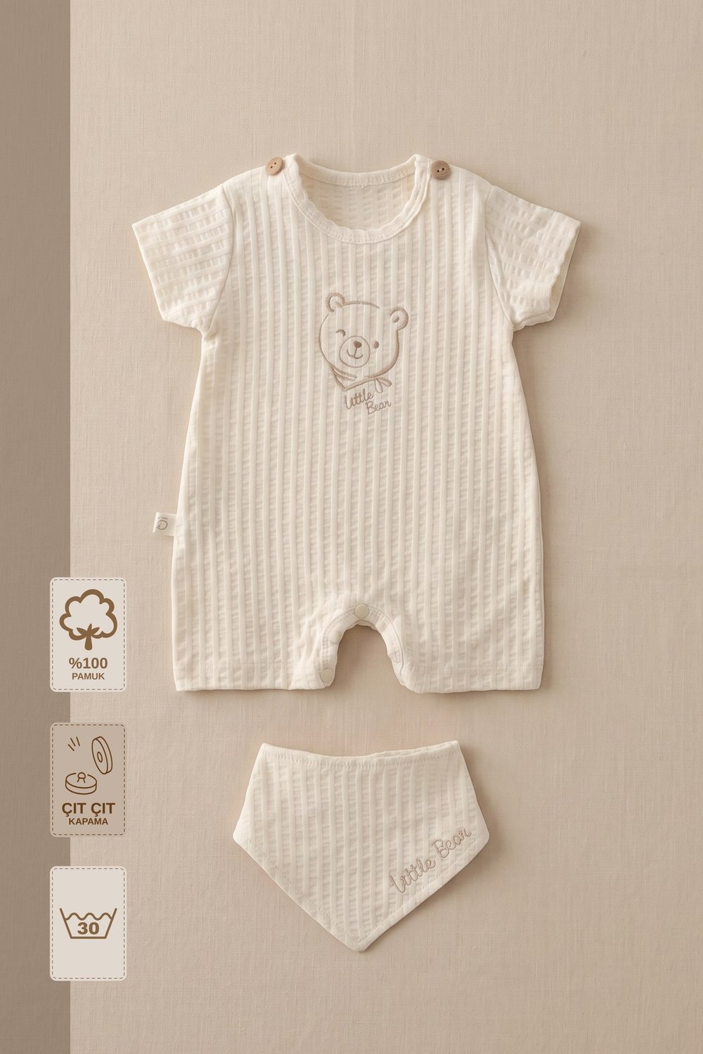 - %100 Pamuk Müslin Bebek Tulum Seti | Ayı Nakışlı | Fular Önlüklü