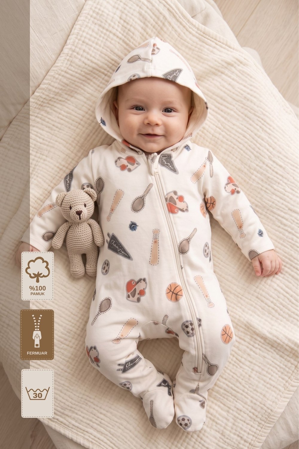 Minory Baby - Kapüşonlu Desenli Fermuarlı Patikli Bebek Tulum