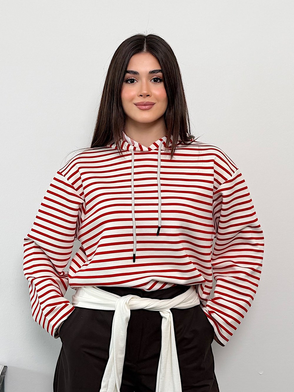 Modal Kumaş Kadın Çizgili Kapüşonlu Sweatshirt