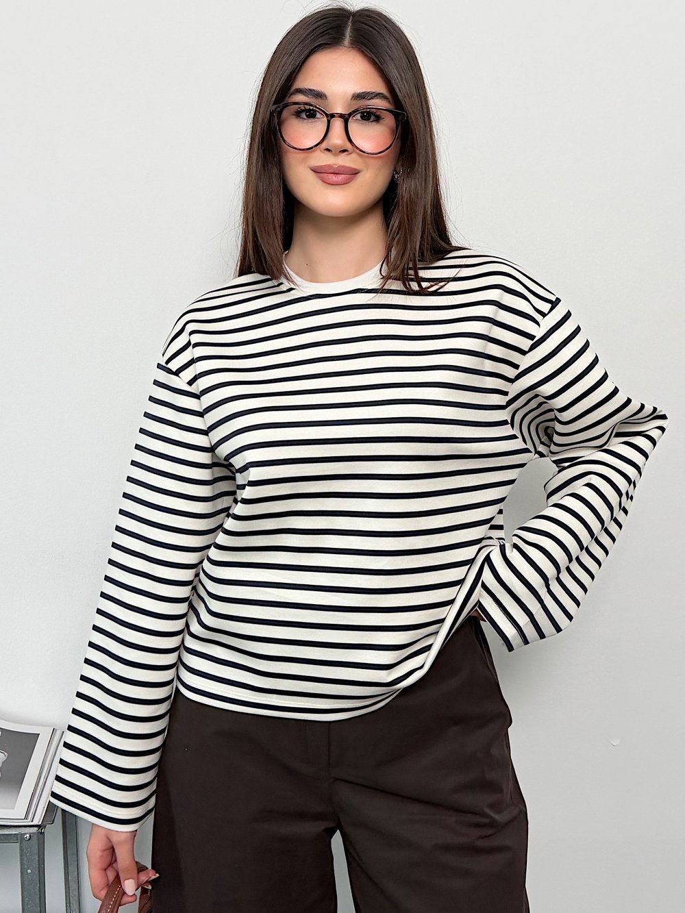 Modal Kumaş Kadın Çizgili Uzun Kollu Oversize Bluz