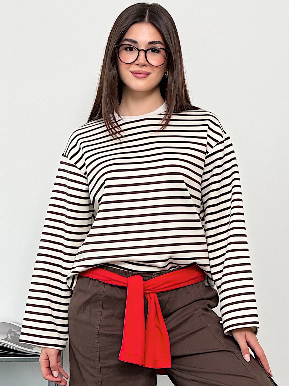 Modal Kumaş Kadın Çizgili Uzun Kollu Oversize Bluz