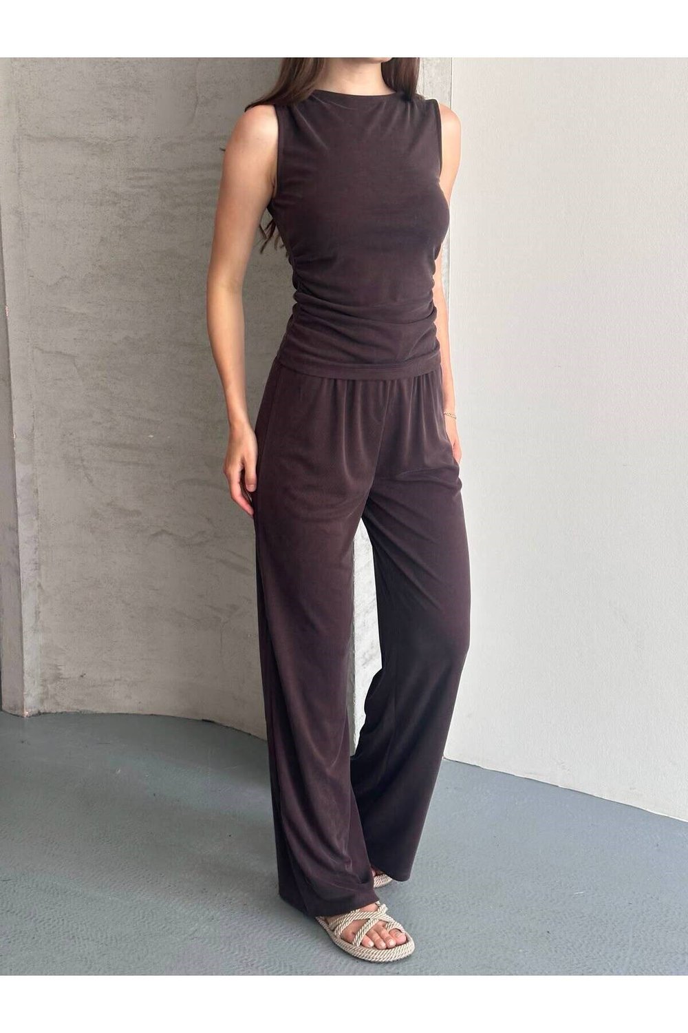 Modal Pike Büzgülü İnce Pantolon Ve T-Shirt Takım