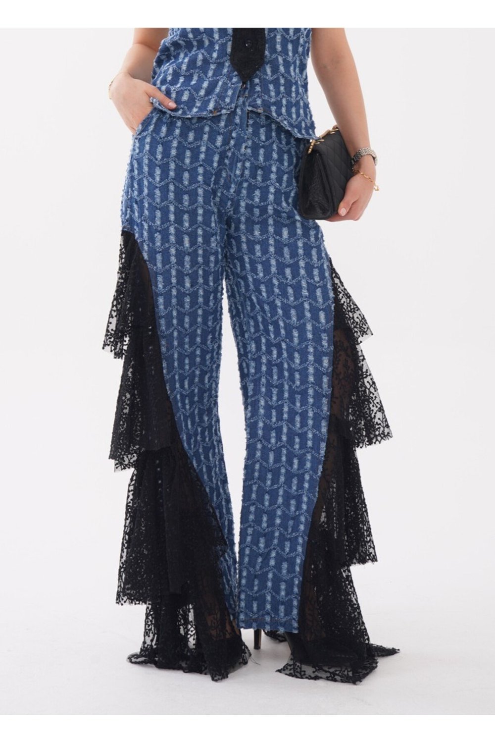 Couture Stil Dantel İşlemeli Yüksek Bel Jean Pantolon
