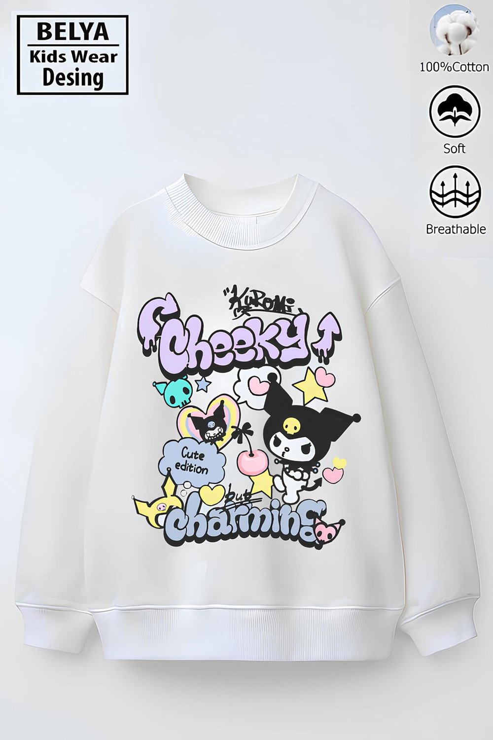 Tam Kalıp Oversize Kız Çocuk Pamuğa Pamuk 3 İplik Kumaş Karakter Tasarım Sweatshirt