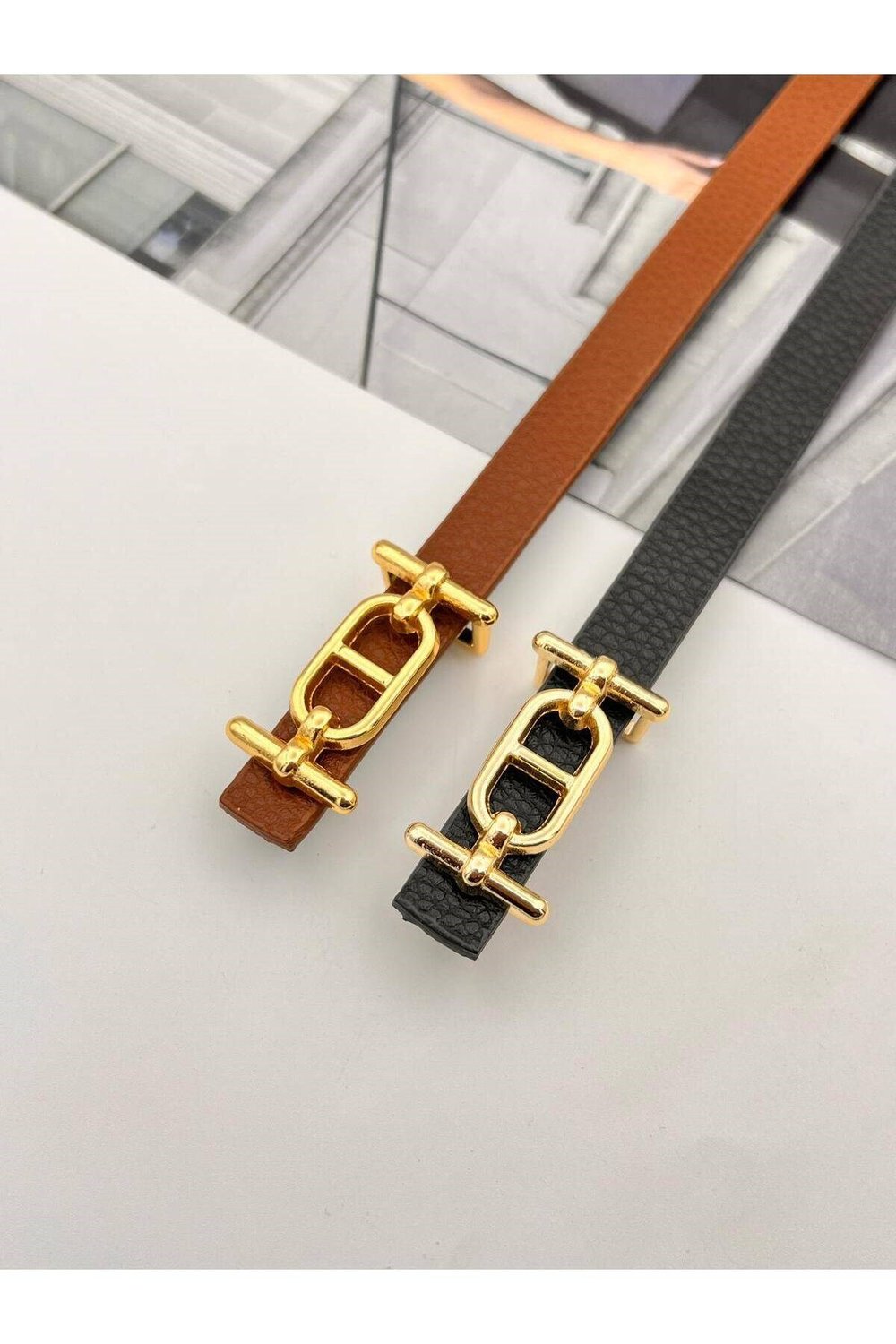 2li Gold Tokalı Ince Kadın Kemer Pantolon Kemeri Elbise Kemeri Gömlek Kemeri Ceket Kemeri