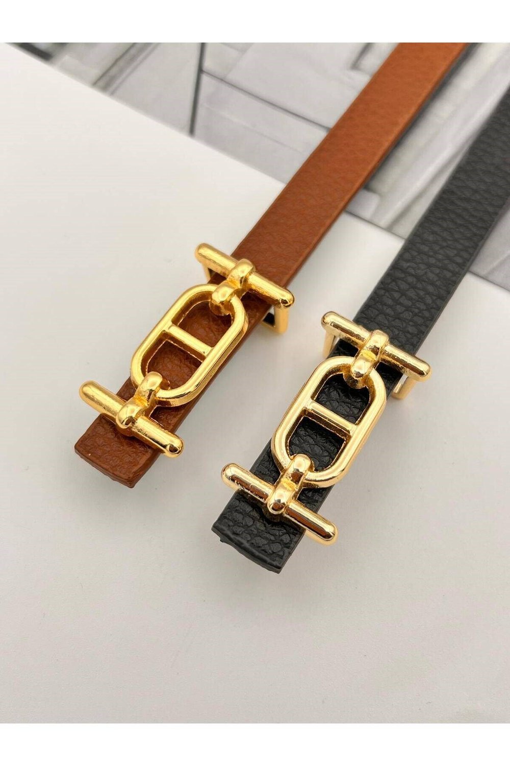 2li Gold Tokalı Ince Kadın Kemer Pantolon Kemeri Elbise Kemeri Gömlek Kemeri Ceket Kemeri