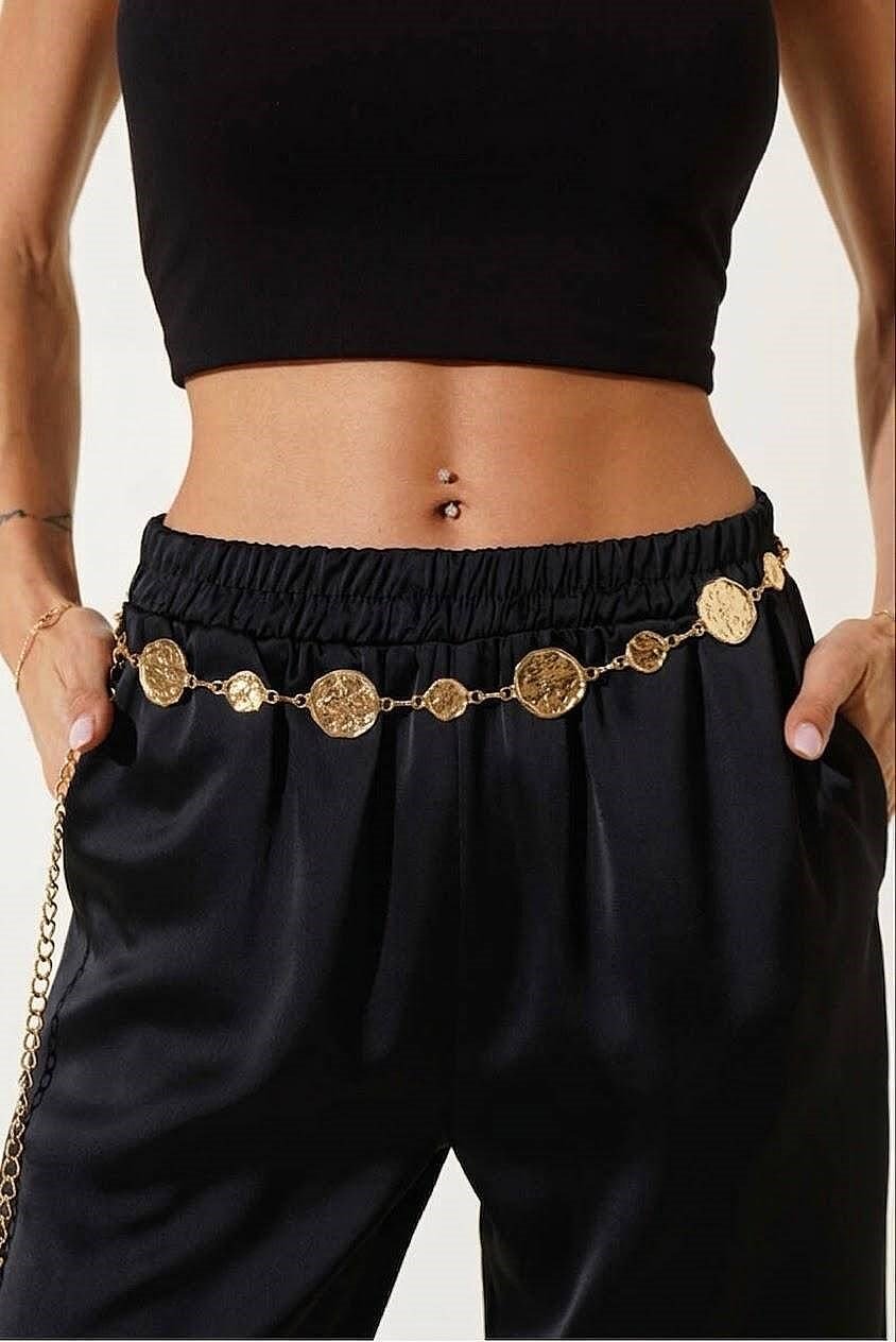 3lü Set  Altın Rengi Figürlü Metal Zincir Kemer – Çiçek, Madalyon ve Yıldız Desenli Bel Zinciri