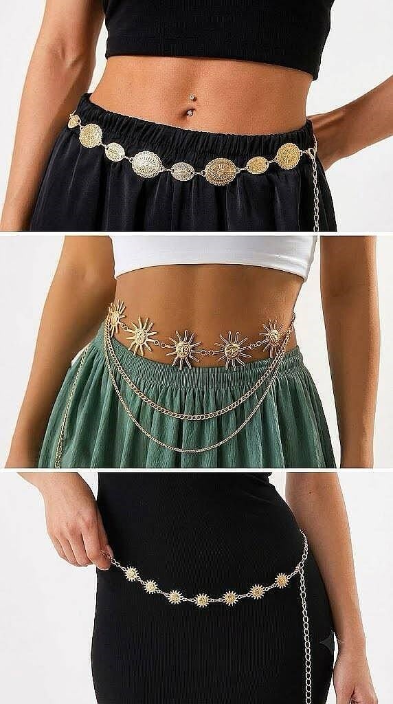 3lü set Bohem Gold Zincir Kemer – Güneş & Madalyon Detaylı