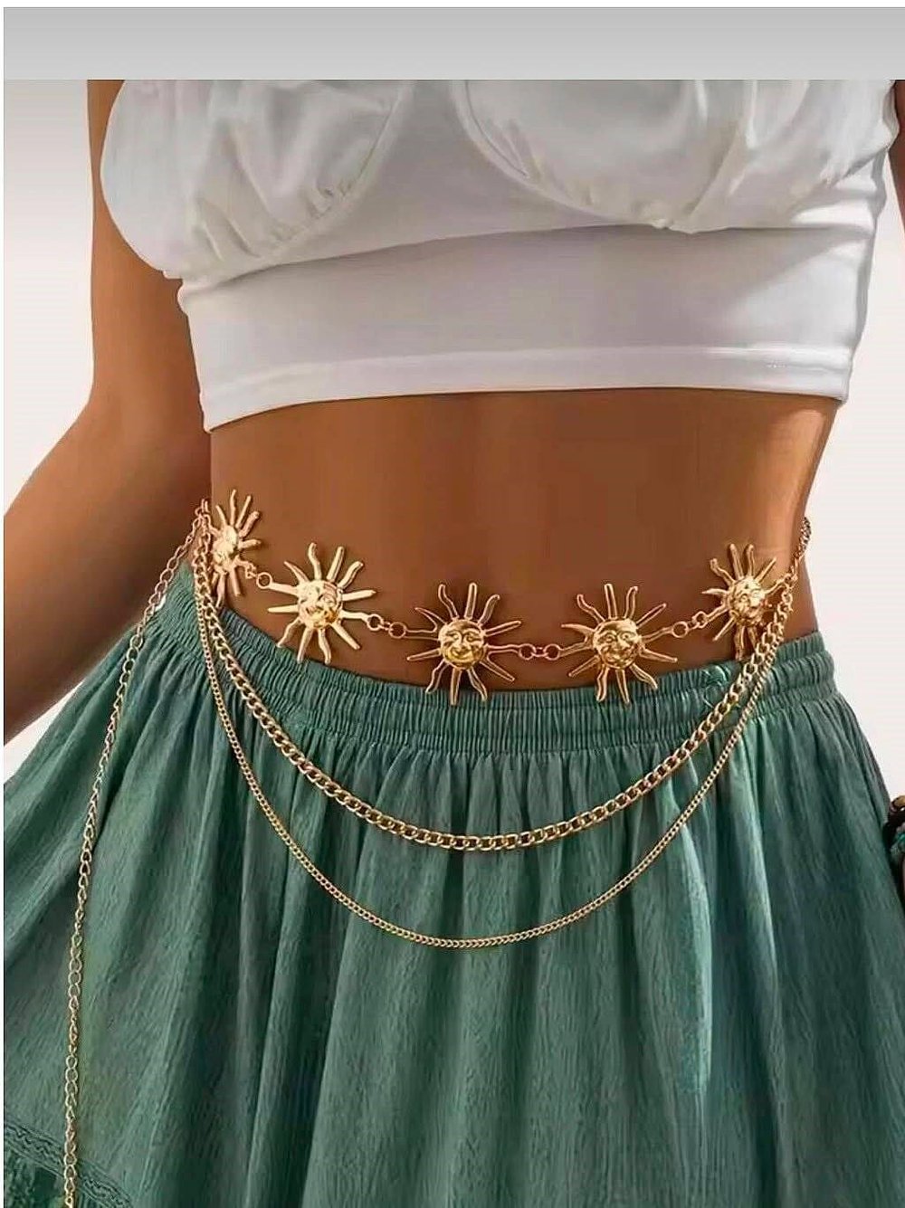 3lü set Bohem Gold Zincir Kemer – Güneş & Madalyon Detaylı