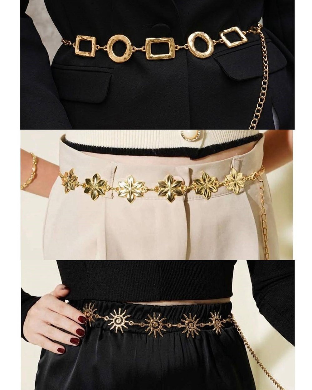 3lü Set Gold Zincir Kemer Çiçek, Güneş ve Geometrik Kare Desenli Bel Zinciri