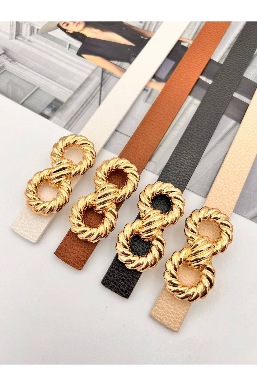 4 lü Burgulu Gold Tokalı Kadın Kemer Pantolon Kemeri Elbise Kemeri Gömlek Kemeri Ceket Kemeri
