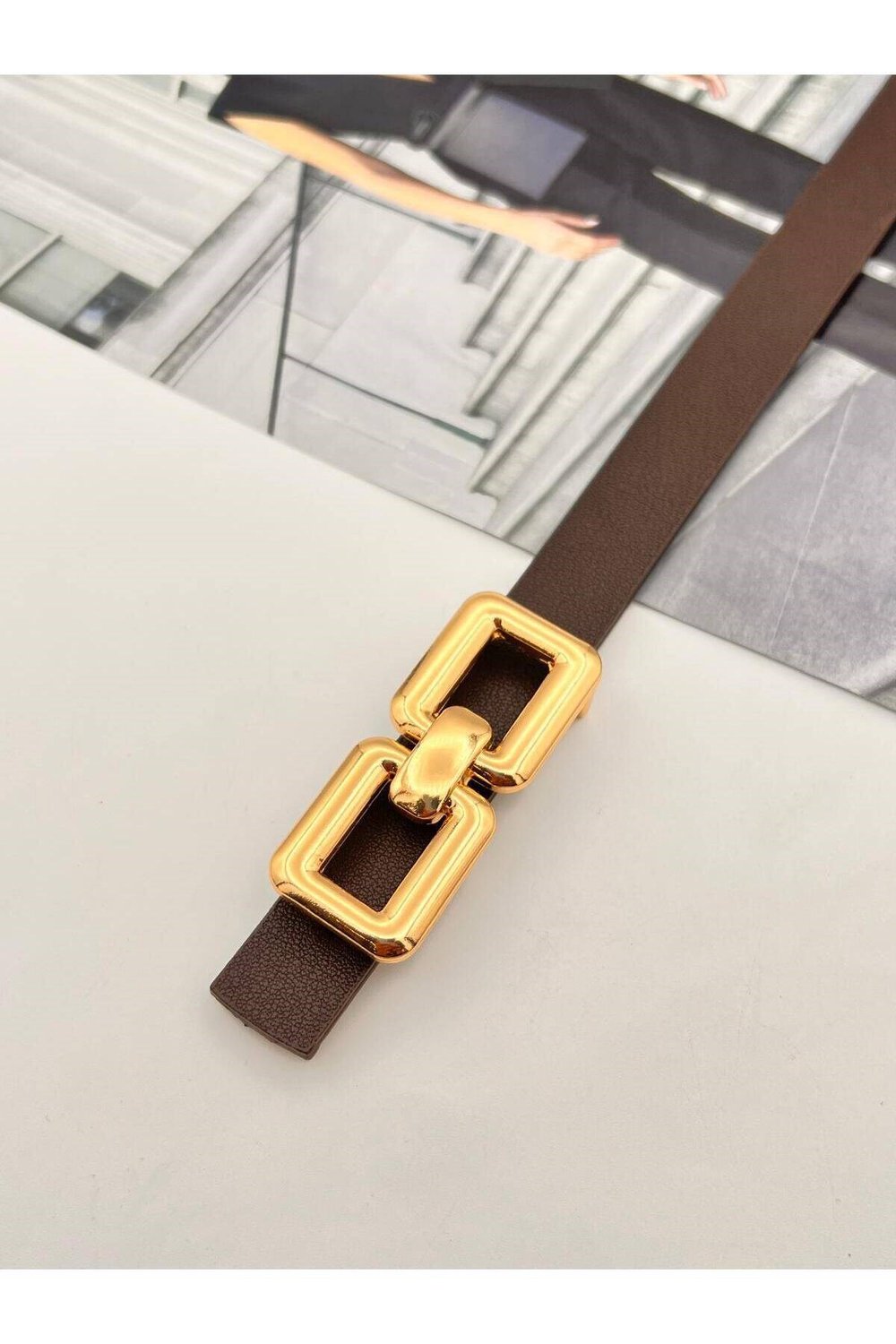 Kare Pimli Gold Tokalı Acı Kahve Kadın Kemer Pantolon Kemeri Elbise Kemeri Gömlek Kemeri Ceket Kemer Kahve