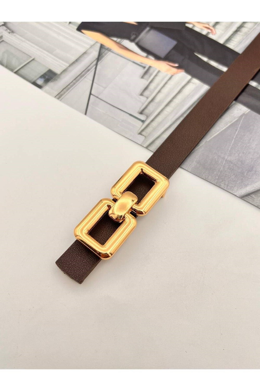 Kare Pimli Gold Tokalı Acı Kahve Kadın Kemer Pantolon Kemeri Elbise Kemeri Gömlek Kemeri Ceket Kemer Kahve