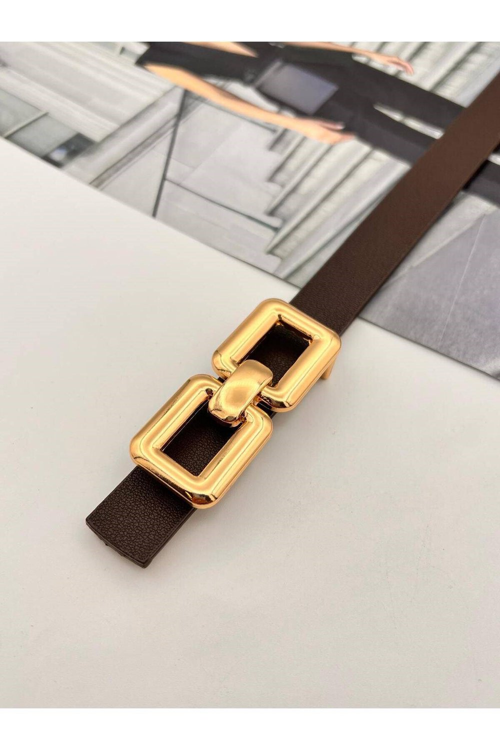Kare Pimli Gold Tokalı Acı Kahve Kadın Kemer Pantolon Kemeri Elbise Kemeri Gömlek Kemeri Ceket Kemer Kahve