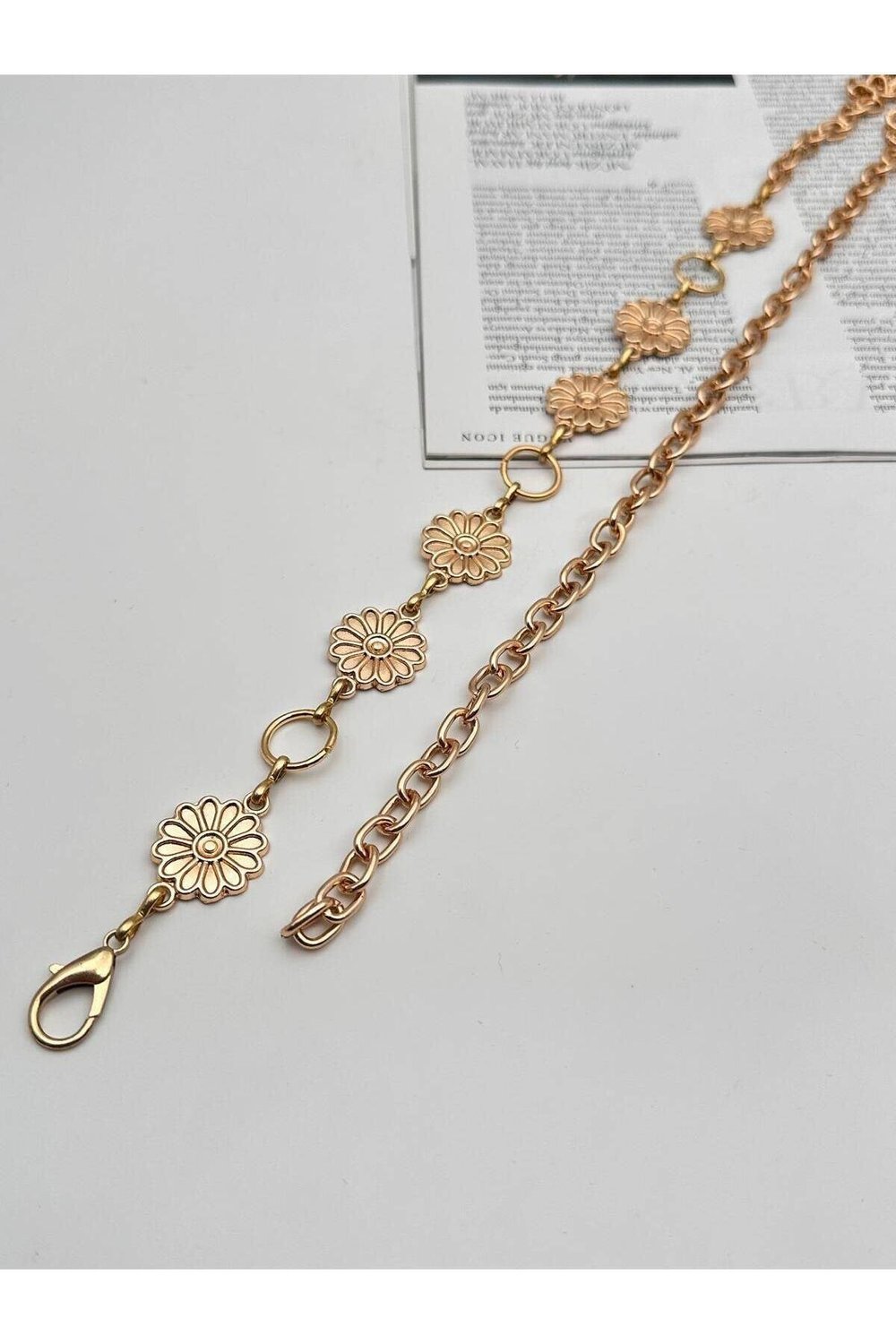 Papatya Desenli Gold Detaylı Zincir Kemer Kadın Kemer Elbise Kemeri Gömlek Kemeri Ceket Kemeri
