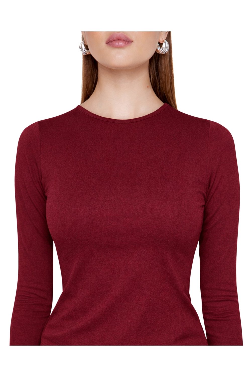 Bordo Bisiklet Yaka Basic Ultra Soft Kadın Uzun Kol Body