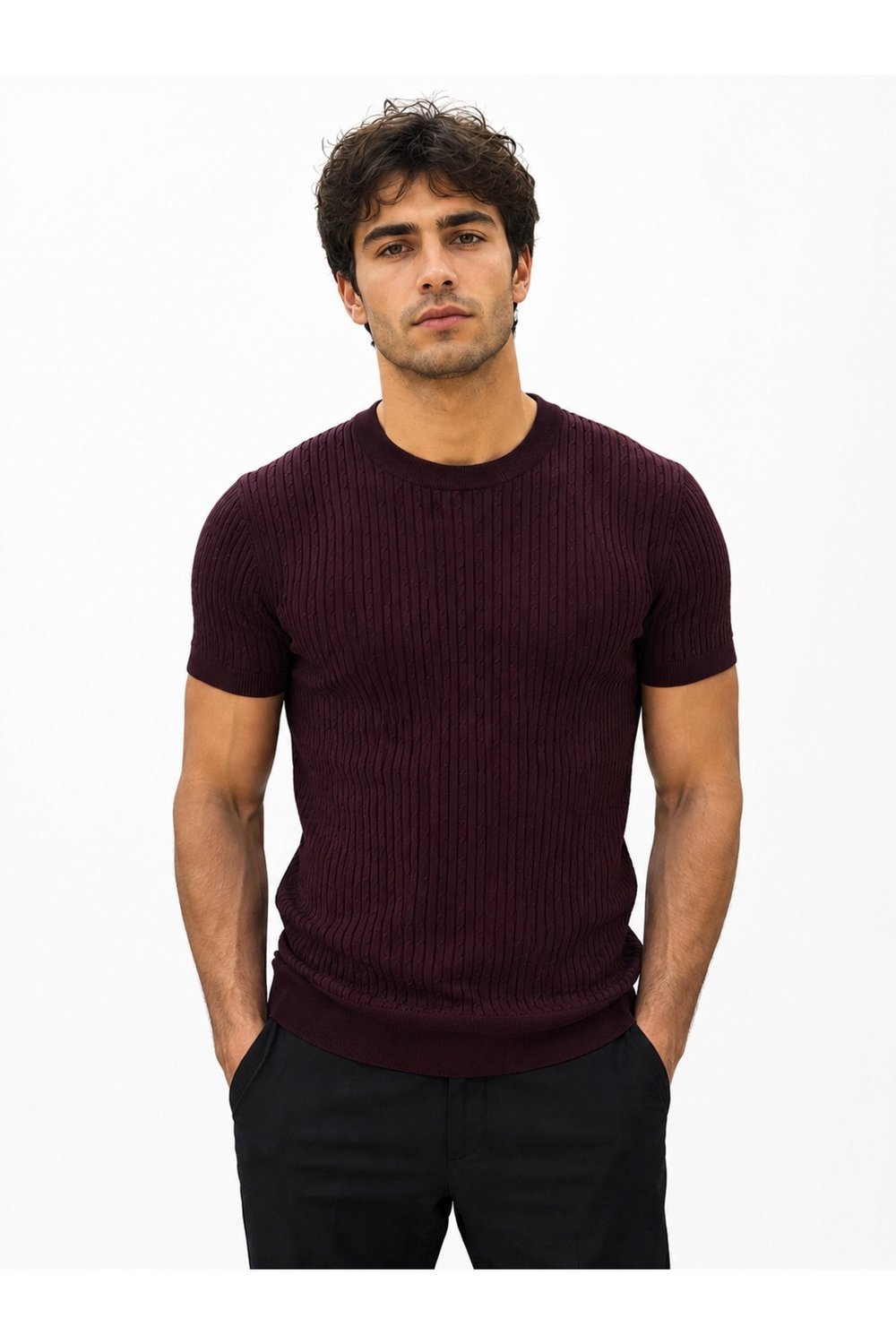 Bordo Bisiklet Yaka Saç Örgü Desenli Kısa Kol Slim Fit Erkek T-shirt