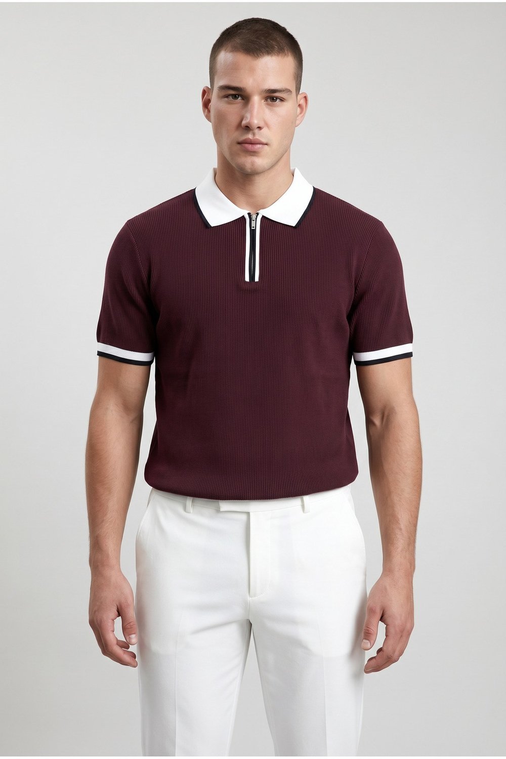 Bordo Polo Yaka Fermuarlı Kısa Kol Erkek T-shirt