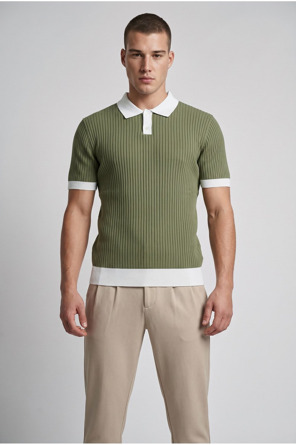 Haki Polo Yaka Düğmeli Kısa Kol Erkek T-shirt