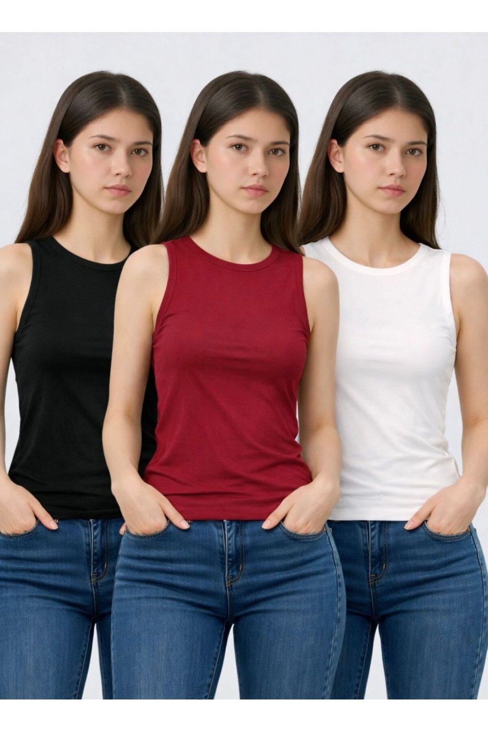 Siyah Beyaz Bordo Üçlü Bisiklet Yaka Slim Fit Basic Atlet