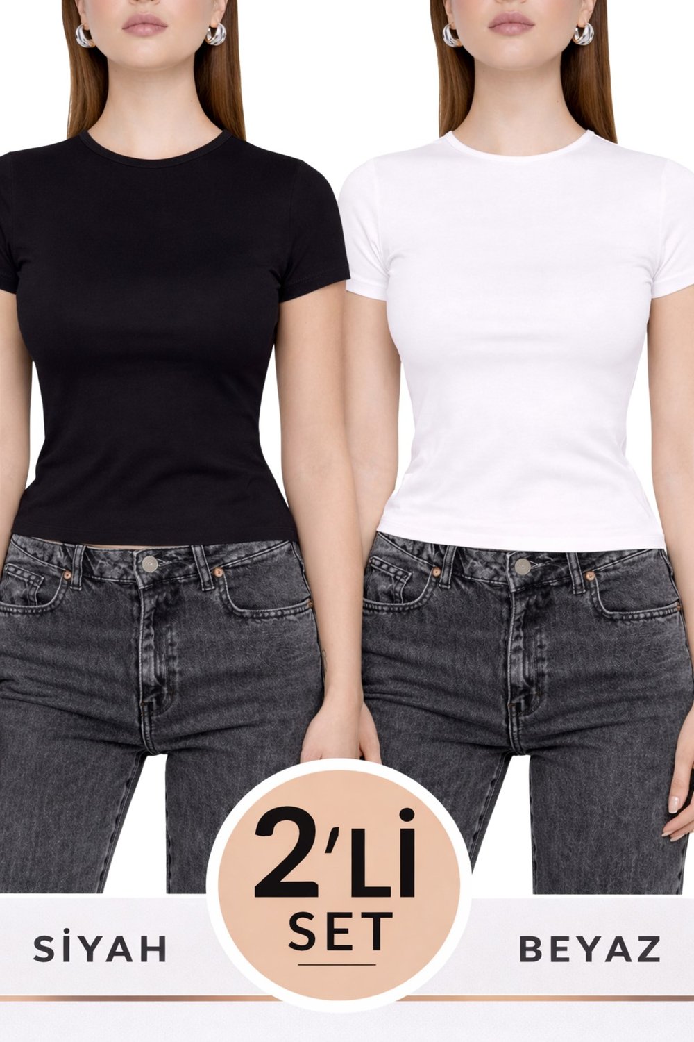 Siyah Beyaz İkili Bisiklet Yaka Basic Ultra Soft Kadın Kısa Kol Body