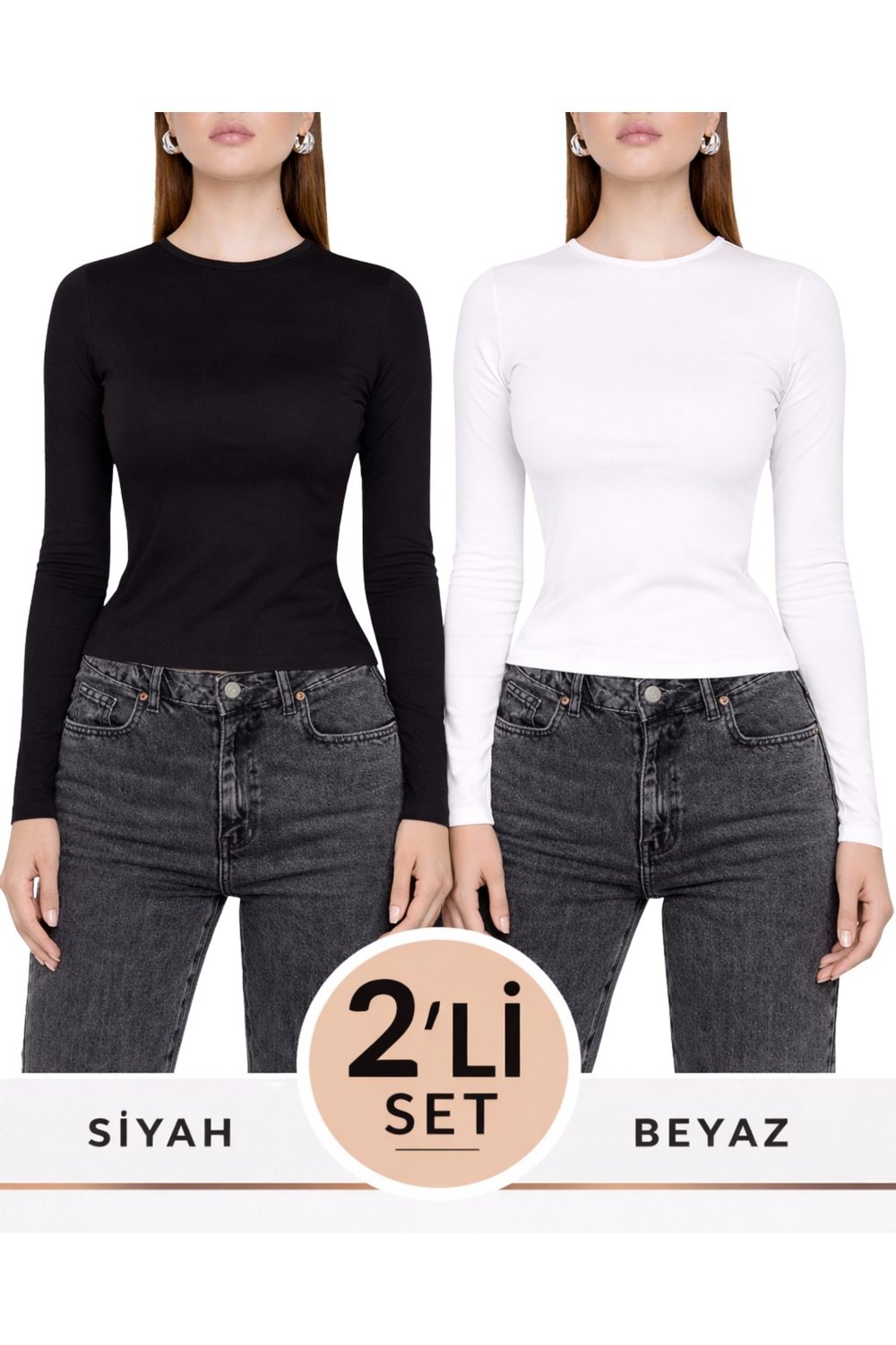 Siyah Beyaz İkili Bisiklet Yaka Basic Ultra Soft Kadın Uzun Kol Body