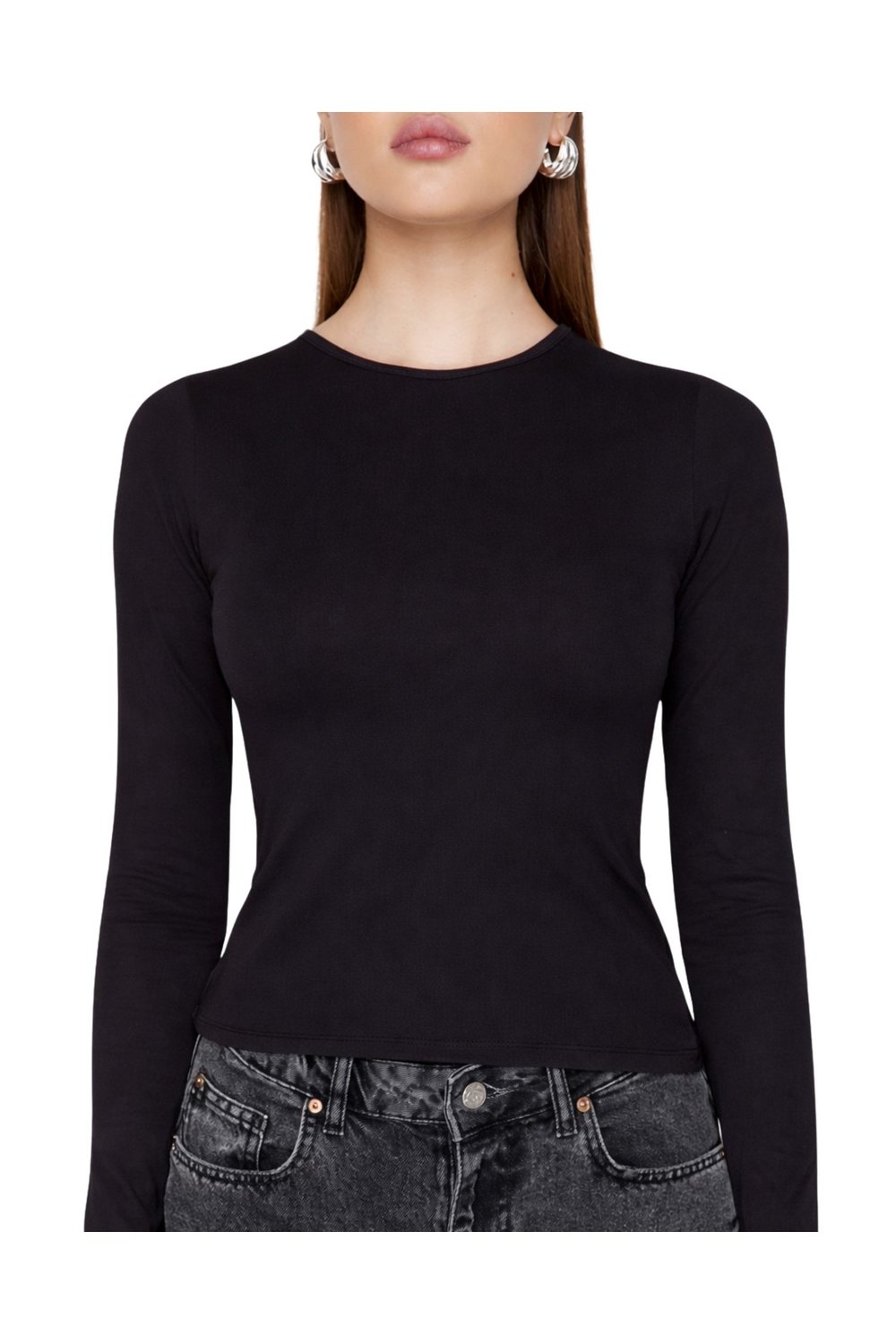 Siyah Bisiklet Yaka Basic Ultra Soft Kadın Uzun Kol Body