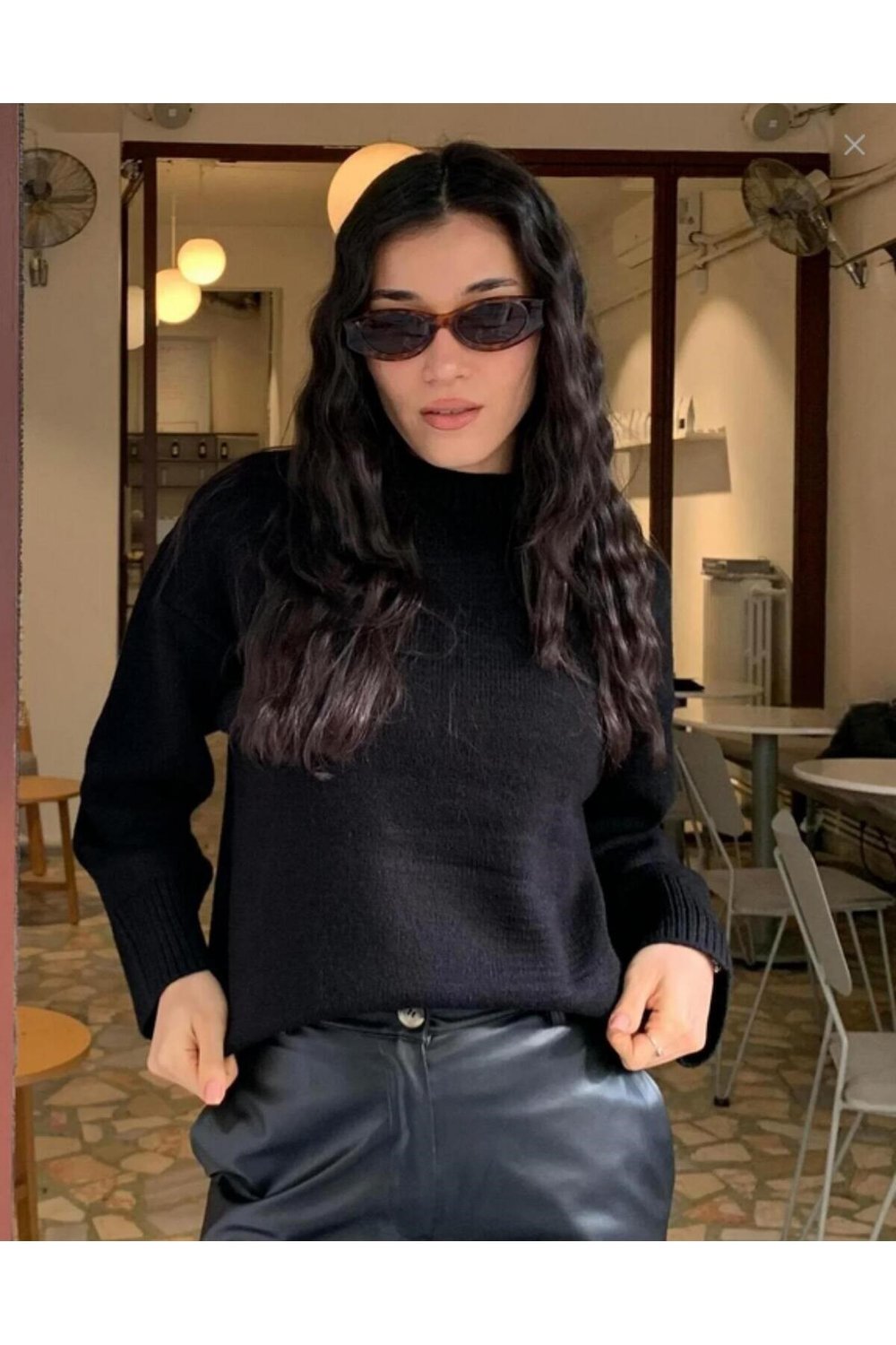 Siyah Bisiklet Yaka Oversize Kadın Triko Kazak