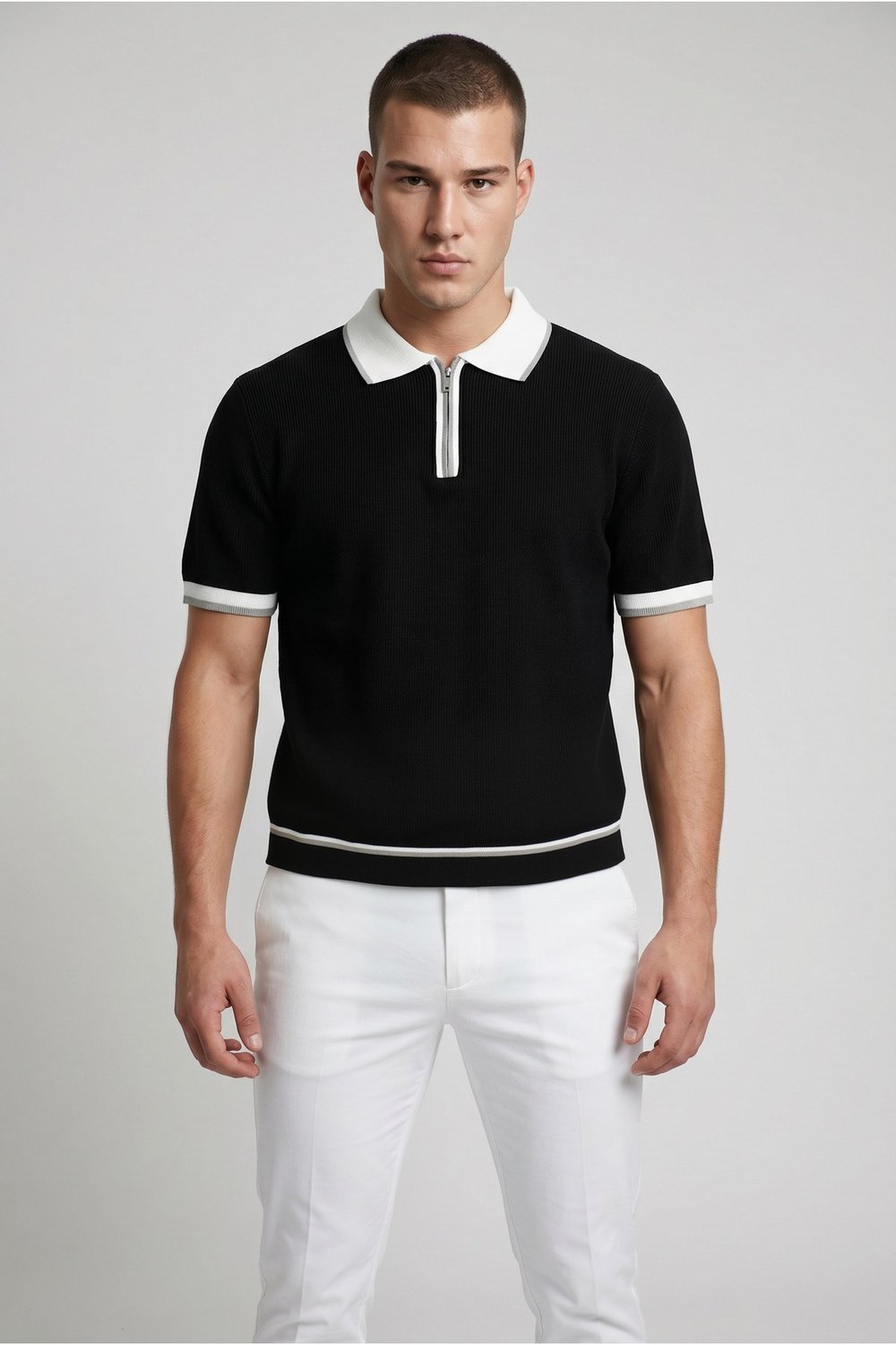 Siyah Polo Yaka Fermuarlı Kısa Kol Erkek T-shirt