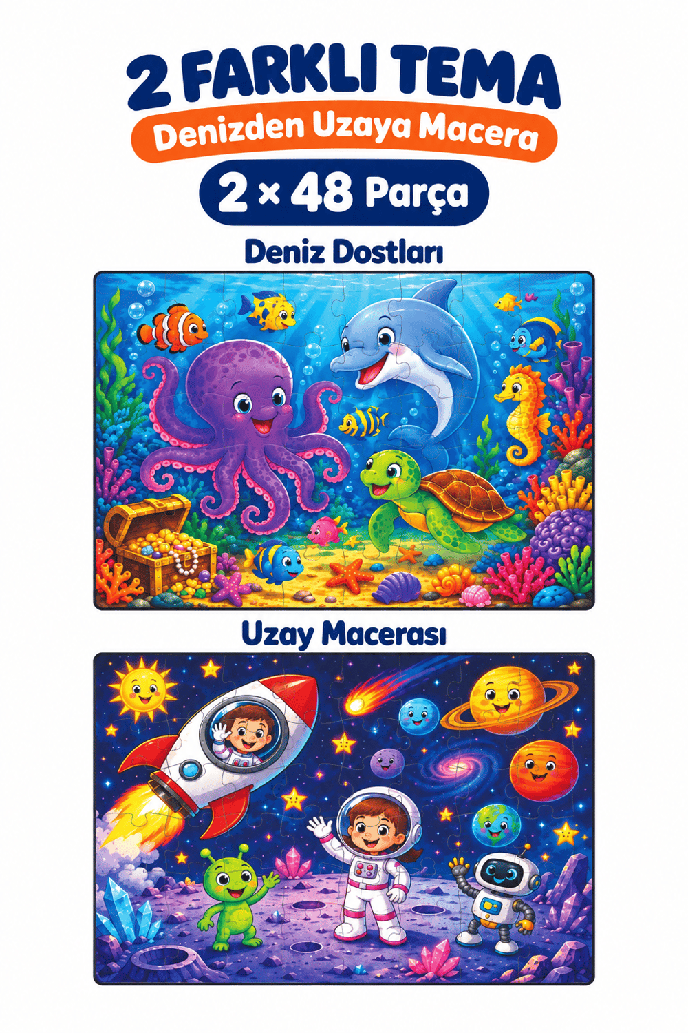 2'li 48 Parça Denizaltı ve Uzay Temalı Puzzle Seti Çocuk Eğitici Yapboz Oyunu Seti 27,5x19,5 Cm
