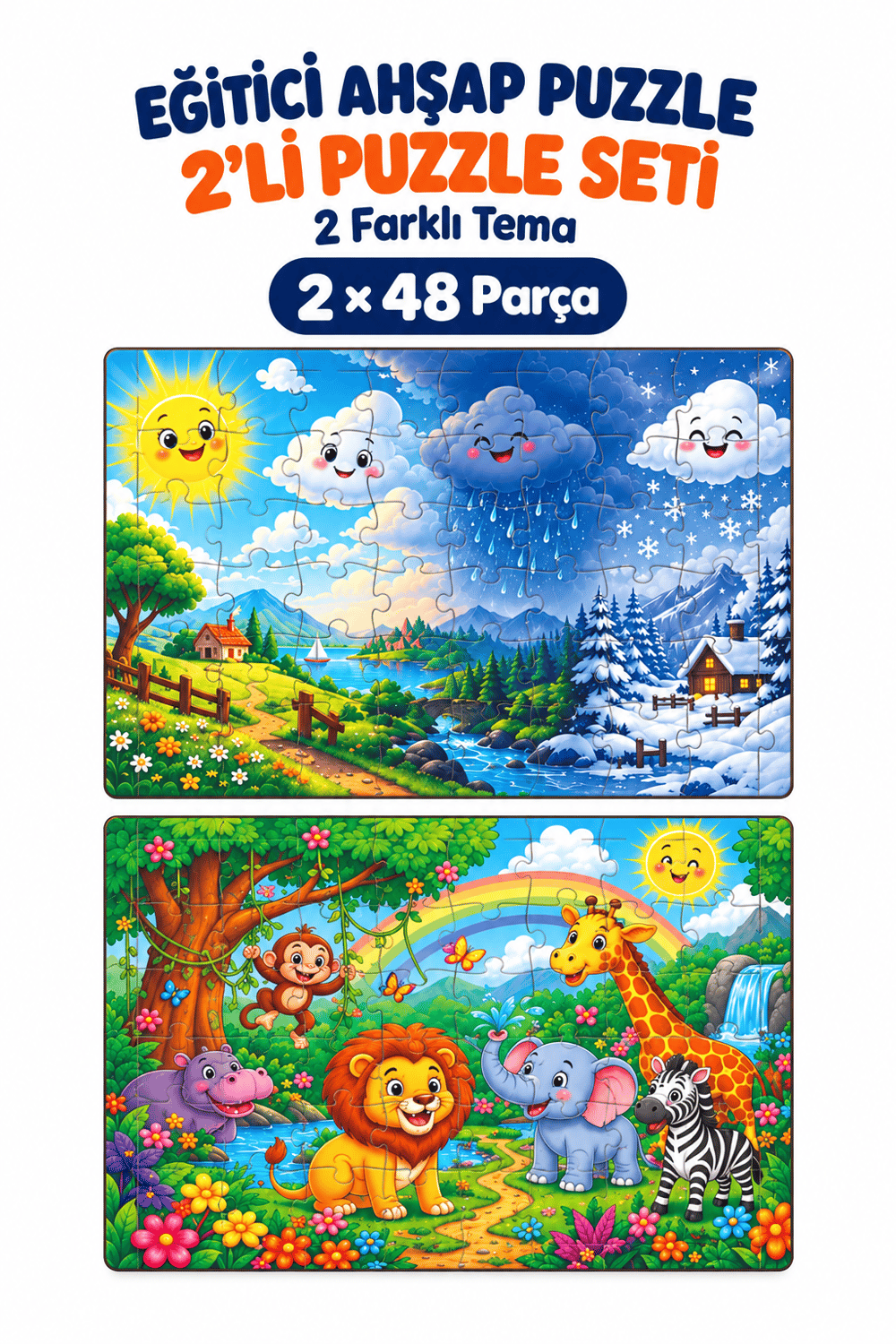 2'li 48 Parça Hava Durumu ve Orman Temalı Puzzle Seti Çocuk Eğitici Yapboz Oyunu Seti 27,5x19,5 Cm