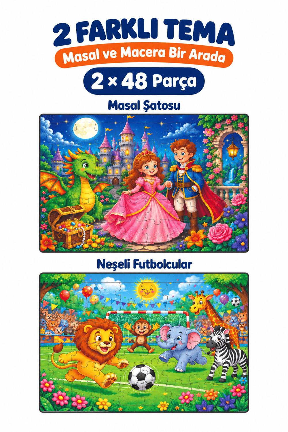 2'li 48 Parça Prenses ve Futbol Temalı Puzzle Seti Çocuk Eğitici Yapboz Oyunu Seti 27,5x19,5 Cm