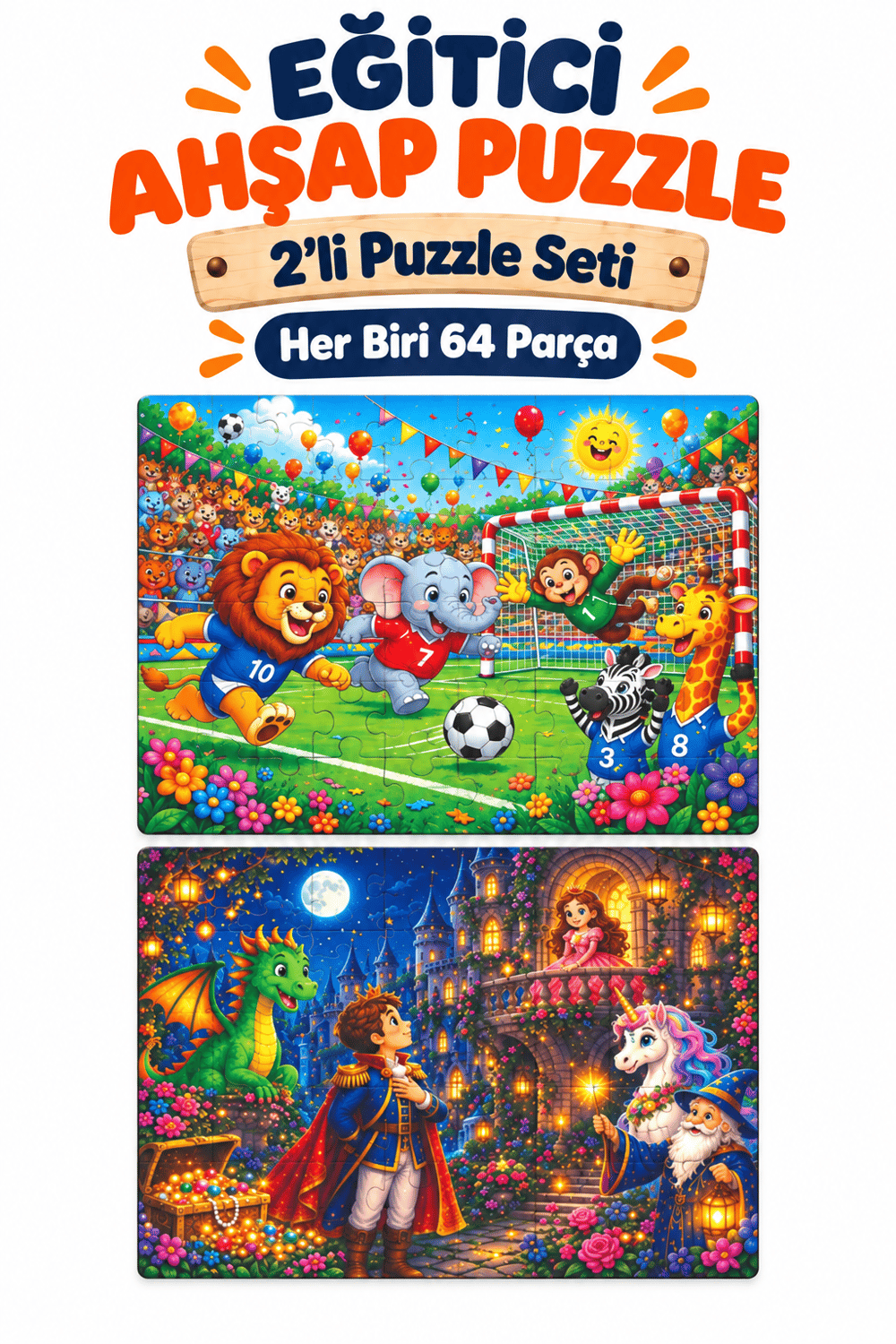 2'li 64 Parça Futbol ve Prenses Temalı Puzzle Seti 27,5x19,5 cm Çocuk Eğitici Yapboz Oyunu