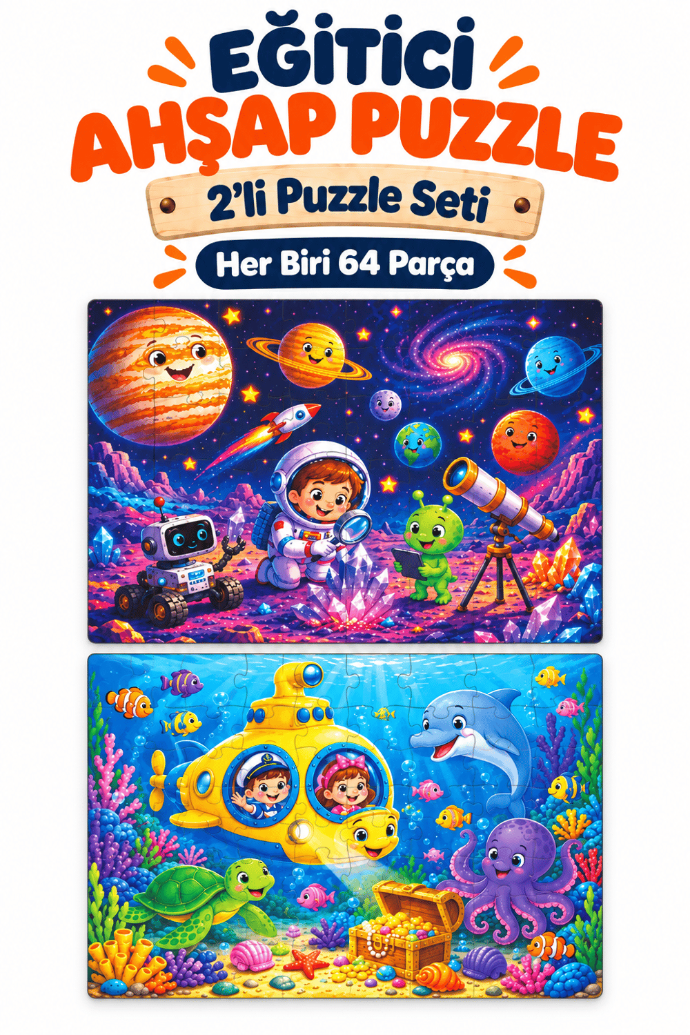 2'li 64 Parça Gezegen ve Denizaltı Temalı Puzzle Seti 27,5x19,5 cm Çocuk Eğitici Yapboz Oyunu