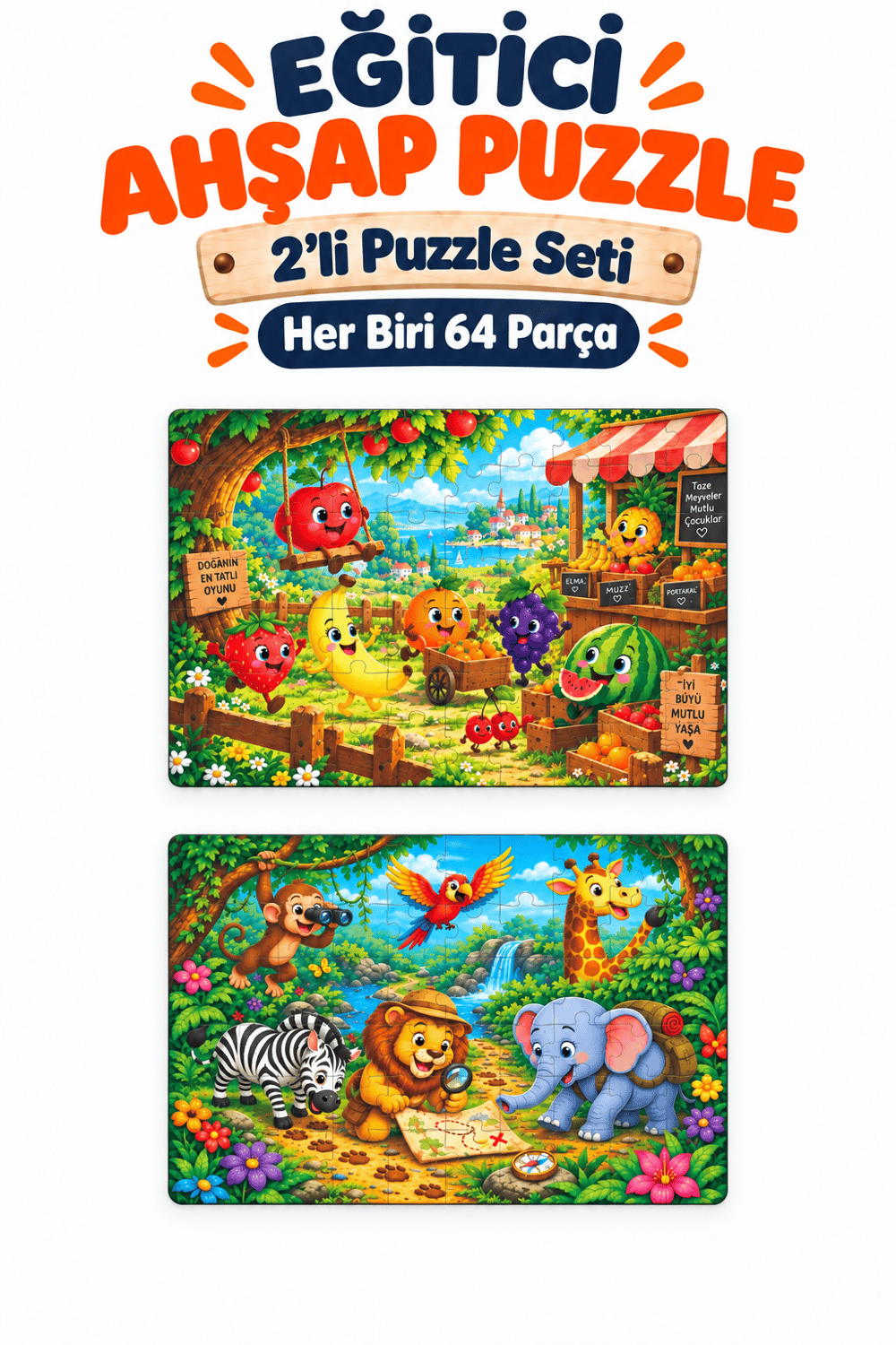 2'li 64 Parça Meyve ve Orman Temalı Puzzle Seti 27,5x19,5 cm Çocuk Eğitici Yapboz Oyunu