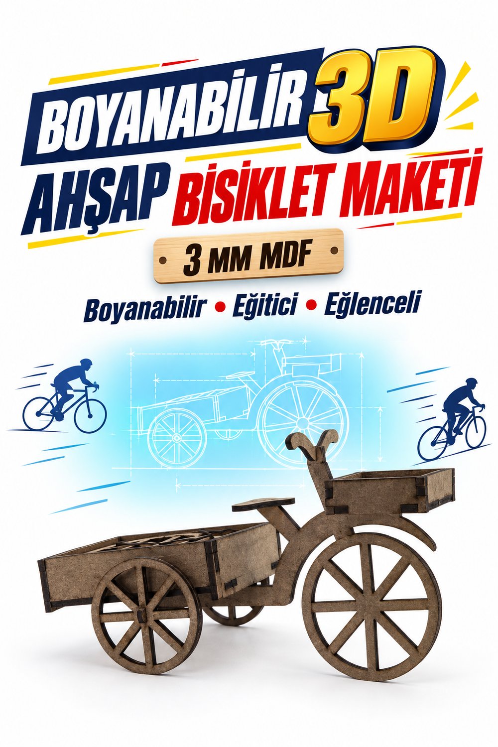 3D Boyanabilir Ahşap Bisiklet Maketi Kendin Yap Eğitici Oyuncak