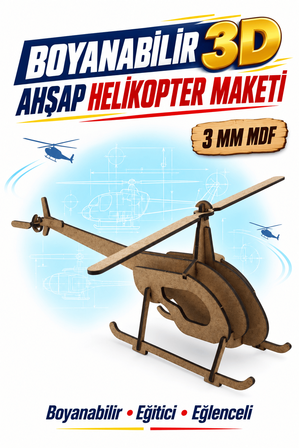3D Boyanabilir Ahşap Helikopter Maketi Kendin Yap Eğitici Oyuncak
