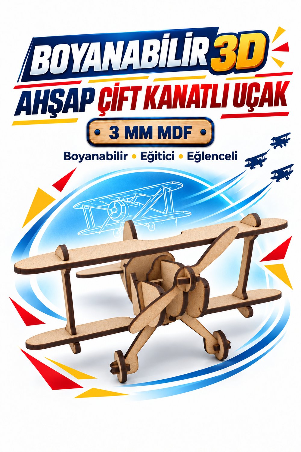 3D Boyanabilir Ahşap Tek Kanatlı Uçak Maketi Kendin Yap Eğitici Oyuncak