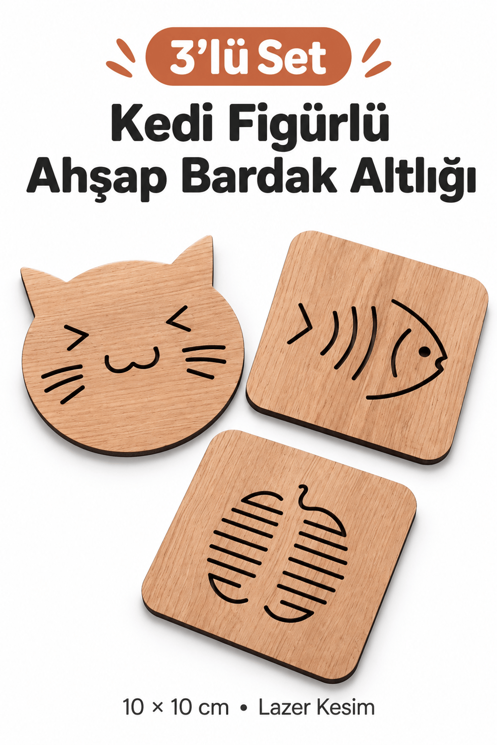 3'lü Kedi Figürlü Ahşap Bardak Altlığı Dekoratif Ev,Mutfak,Ofis Aksesuarı Seti